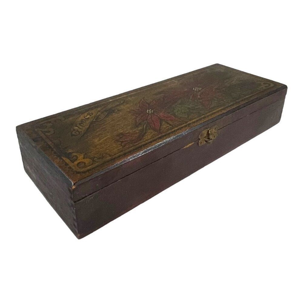 Vintage Wooden Flowers Box Hand Carved Painted Poinsettia Dresser Vanity Gloves
